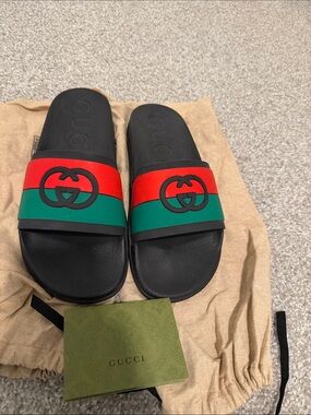 Gucci Black Slides with Red and Green Web Stripe